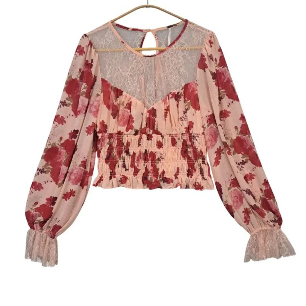 Free People Daphne Floral Lace Smocked Crop Top Romantic Combo Size M